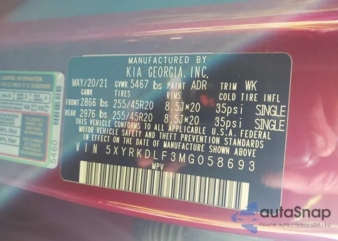 2021 Kia Sorento Sx z USA, uszkodzony, nr VIN 5XYRKDLF3MG058693